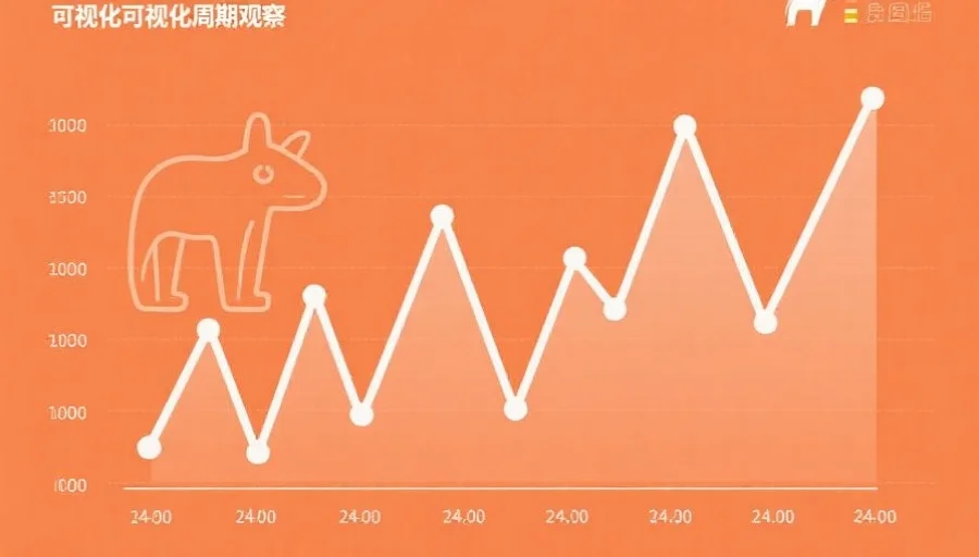 可视化周期观察的走势图,折线图中突出周期性波动,背景为简化的动物图标元素
